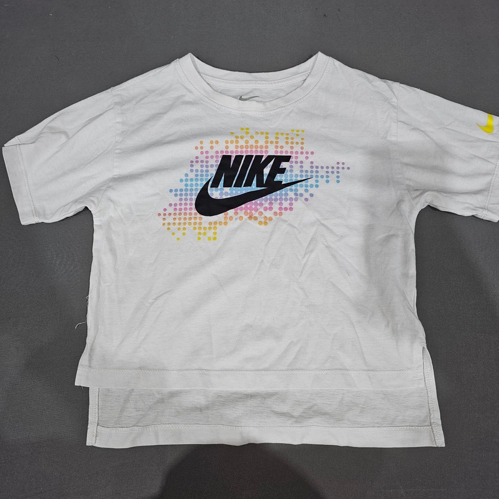 Nike Girls White Rainbow Dot Graphic Swoosh T-Shirt Size Large 6-7 Yrs